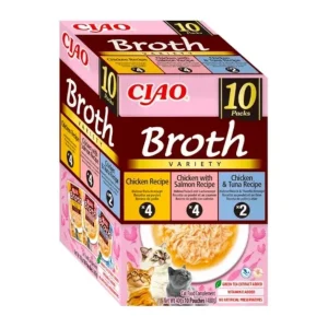 10 Sobres x 40 g Ciao Broth Multipack Sopa Pollo, Salmón y Atún para gatos