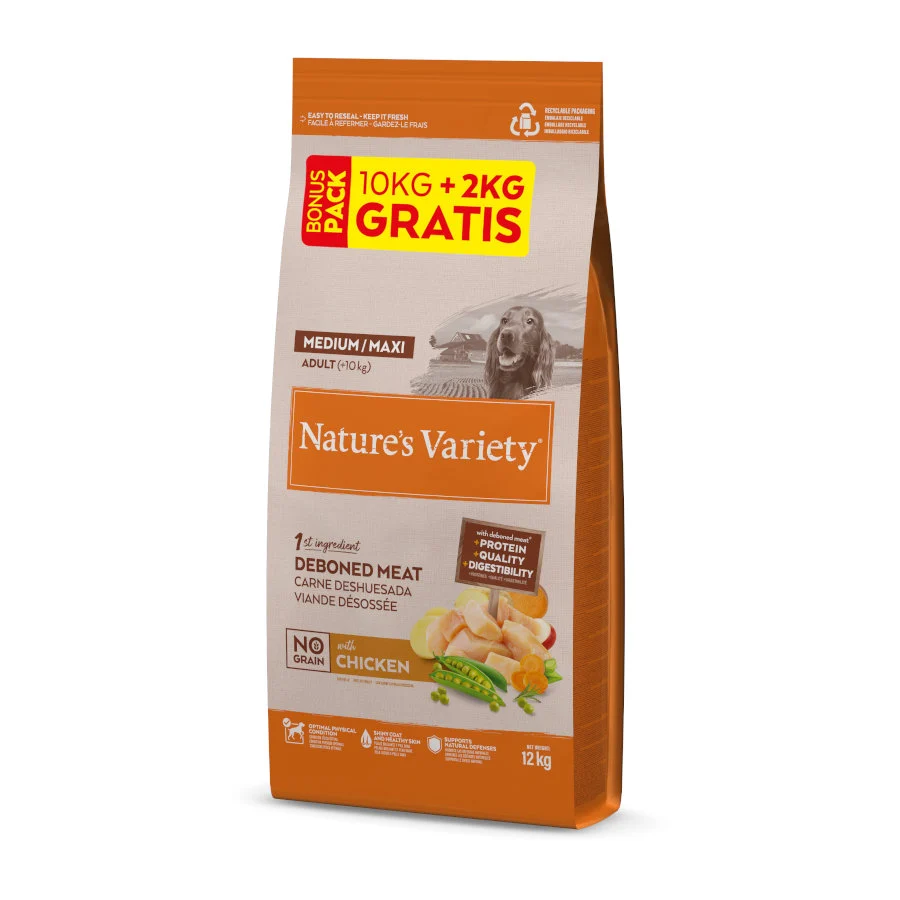 12 kg (10 + 2 kg ¡gratis!) Nature's Variety No Grain Adult Medium Maxi Pollo pienso para perros