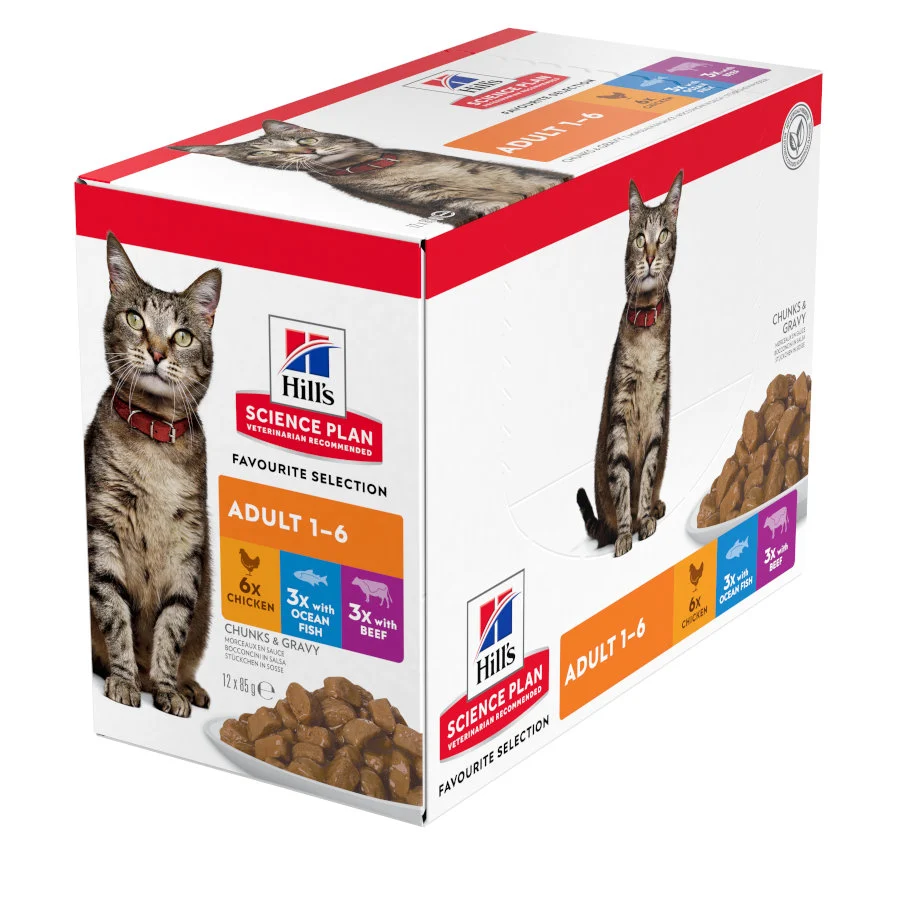 12 sobres x 85 g Hill's Science Plan Adult Pollo, Pescado Azul y Vacuno en Salsa sobre para gatos