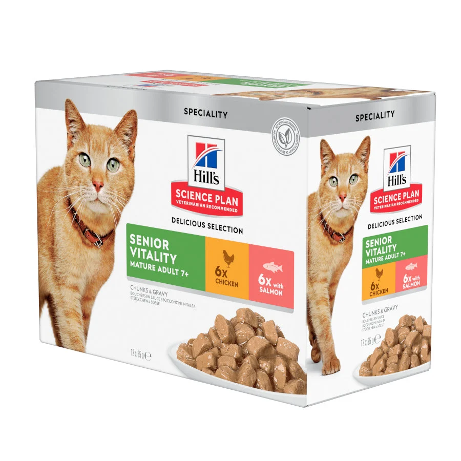 12 sobres x 85 g Hill's Science Plan Senior Vitality Pollo y Salmón Sobre en salsa para gatos