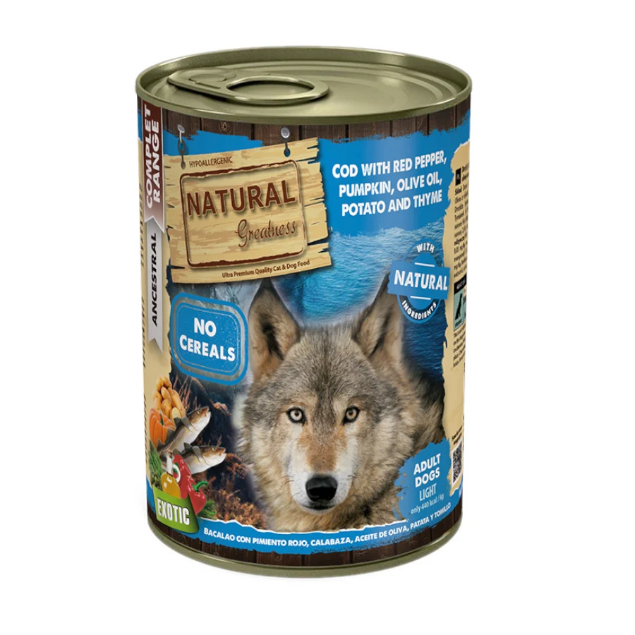 390 g Natural Greatness Complet Ancestral Bacalao con Pimiento Rojo y Patatas lata para perros