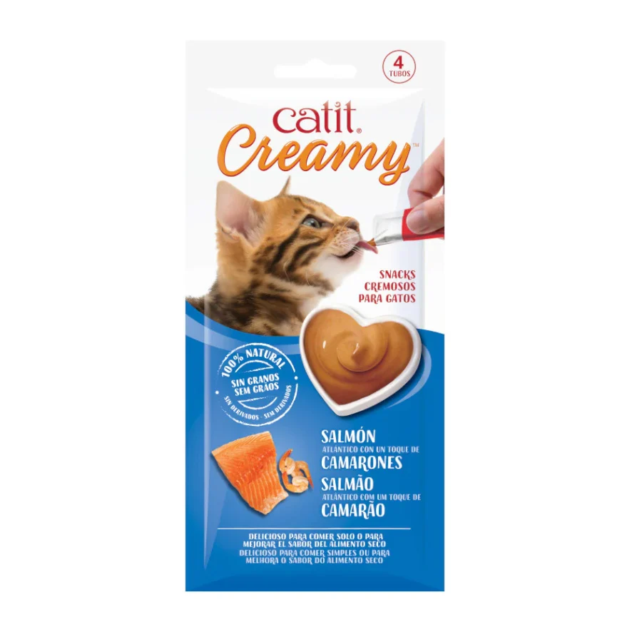 4 sobres x 10 g Catit Creamy Snack Líquido de Salmón con Gambas para gatos