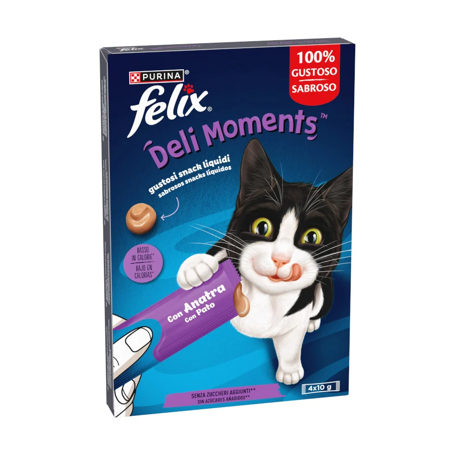 4 sobres x 10 g Purina Felix Deli Moments con Pato Snack líquido para gatos