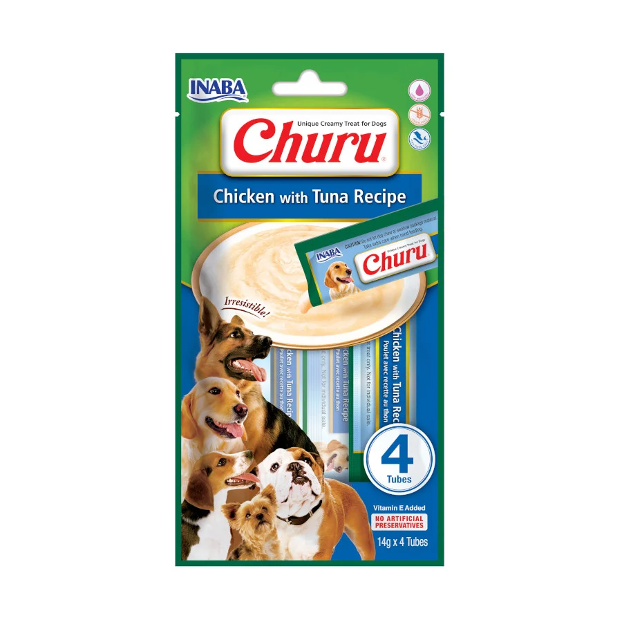 4 sobres x 14 g Churu Snack Cremoso Receta de Pollo con Atún para perros