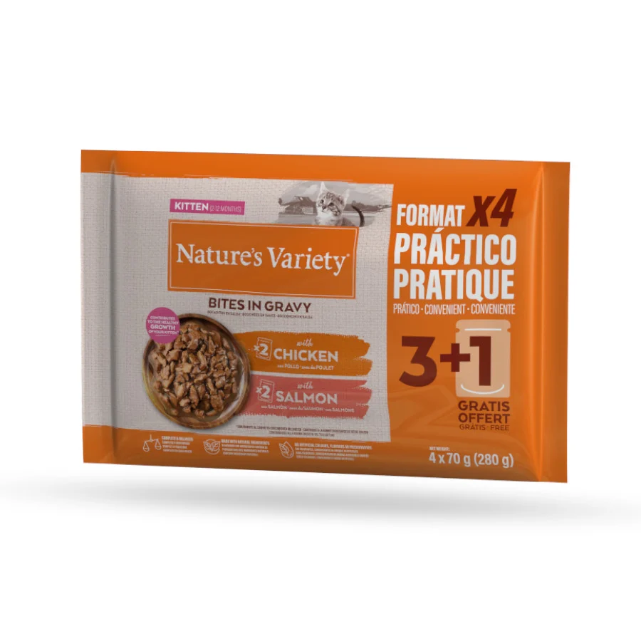 4 sobres x 70 g Nature’s Variety Kitten Bocaditos de Pollo y Salmón Sobre en Salsa para gatos