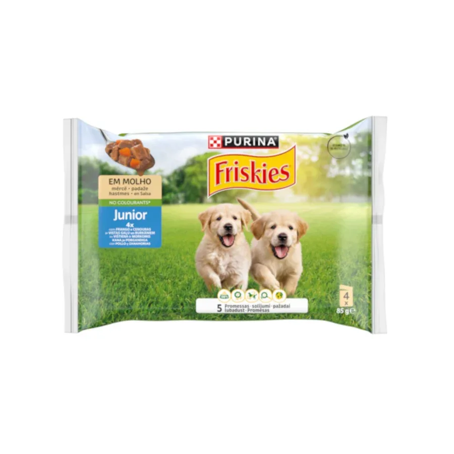 4 sobres x 85 g Purina Friskies Comida Humeda para perros jóvenes, con pollo y zanahoria