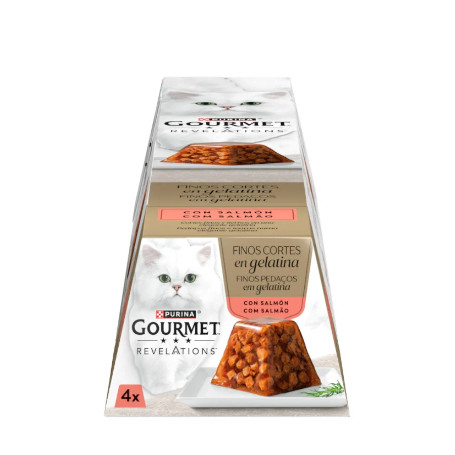 4 tarrinas x 57 g Gourmet Revelations Finos Cortes de Salmón en gelatina para gatos
