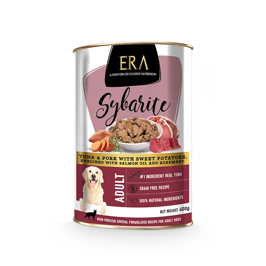 400 g ERA Sybarite Adulto Atún, Cerdo y Batata en paté lata para perros