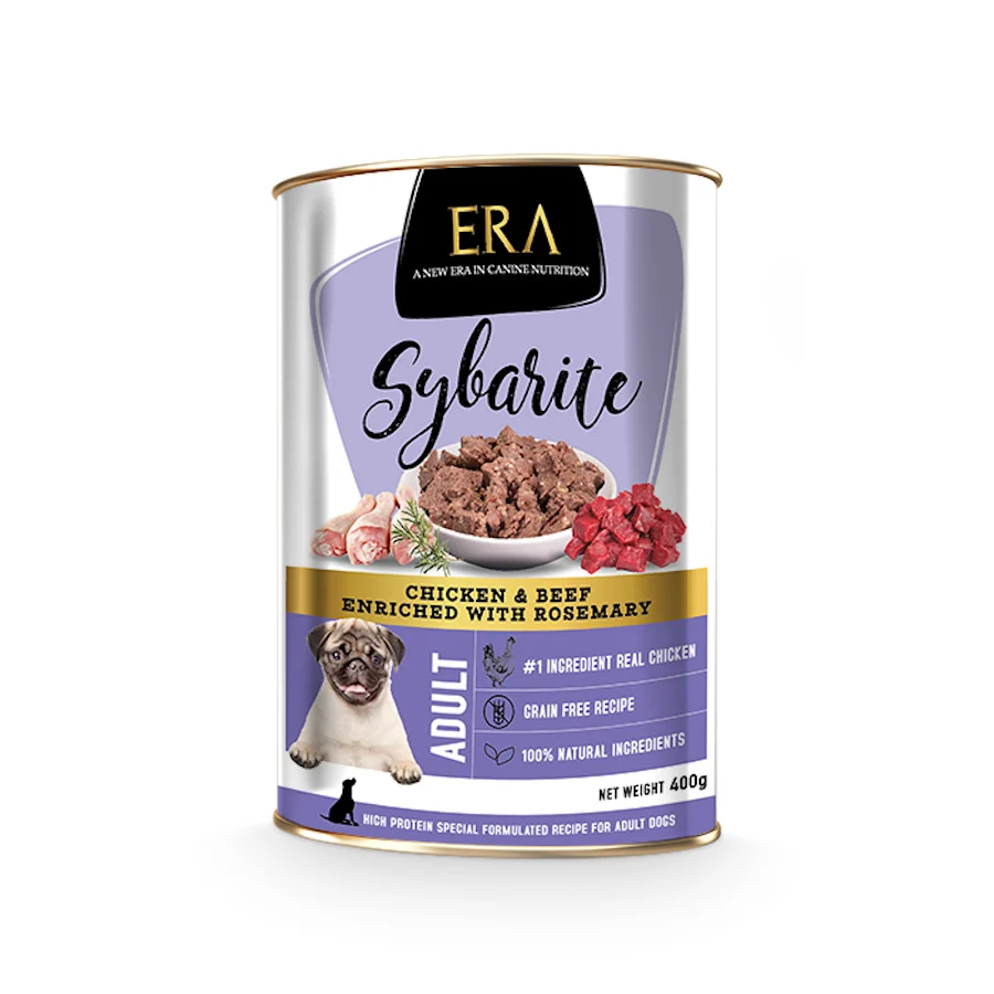 400 g ERA Sybarite Adulto Pollo, Ternera y Romero en paté lata para perros