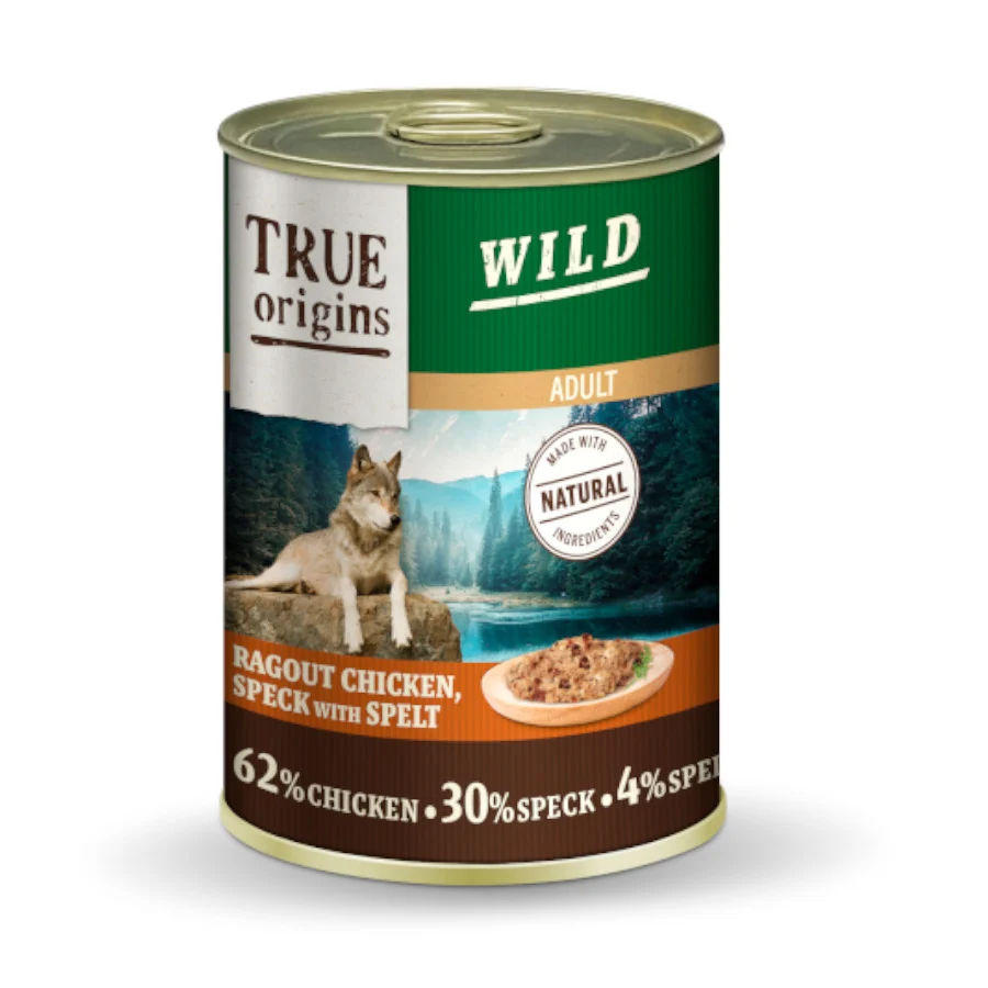 400 g True Origins Wild Adult Dados de Pollo con Speck y Espelta lata para perros