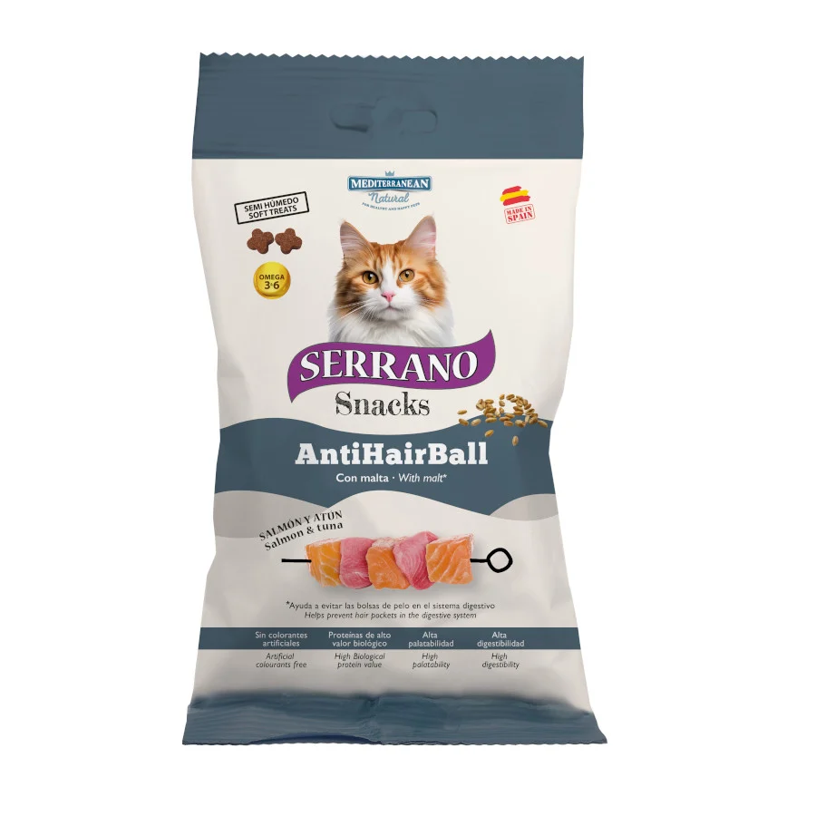 50 g Serrano Bocaditos Anti Hairball de Salmón y Atún para gatos