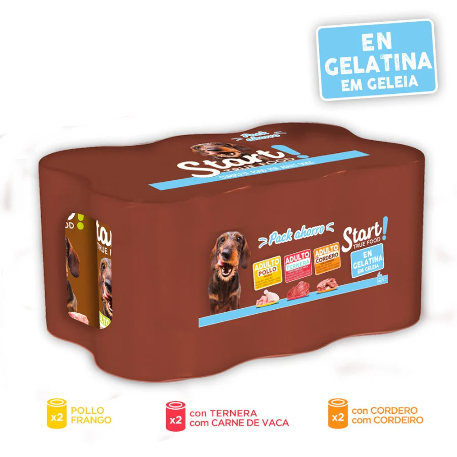 6 latas x 400 g Start! Adult Pollo, Ternera y Cordero en Gelatina lata para perros - Image 2