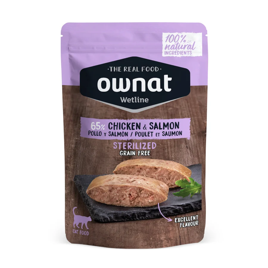 85 g Ownat Wetline Esterilizado Pollo y Salmón sobre para gatos