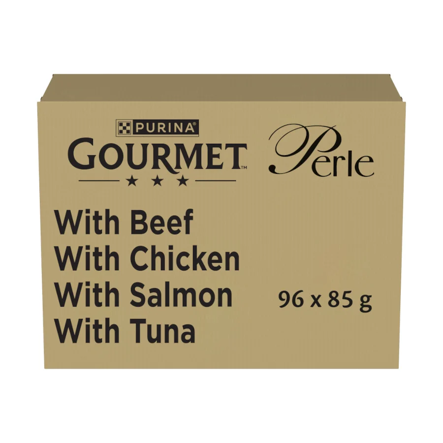 96 sobres x 85 g Gourmet Perle Mini Filetes en Salsa con Buey, Pollo, Salmón y atún Sobre para gatos