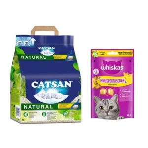 Catsan arena para gatos + snacks Whiskas/Catisfactions ¡gratis! 8 l Natural arena aglomerante + 60 g Whiskas Knuspertaschen Pollo y queso