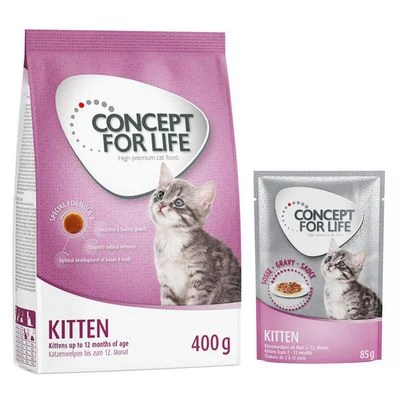 Concept for Life Kitten: 400 g pienso + 12 x 85 g bolsitas - Pack de prueba Pienso + comida húmeda en salsa