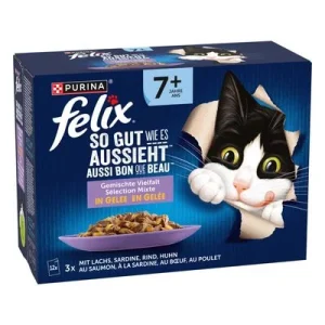 Felix Fantastic Senior en gelatina 12 x 85: pollo, vacuno, salmón y sardinas