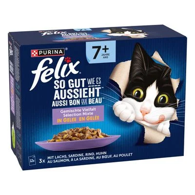 Felix Fantastic Senior en gelatina 12 x 85: pollo, vacuno, salmón y sardinas