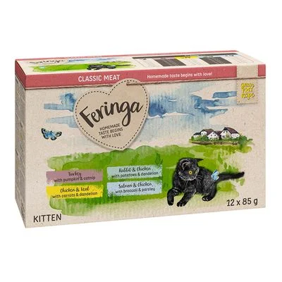 Feringa Classic Meat Menu Kitten en bolsitas 24 x 85 g - Pack Ahorro Pack mixto 1: Pavo, Pollo y ternera, Conejo y pollo, Salmón y pollo
