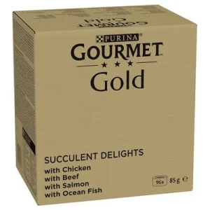 Gourmet Gold Delicias suculentas en tiras finas 96 x 85 g - Jumbopack Pollo, pescado de mar, vacuno, salmón