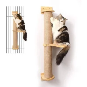 HausPets Rascador Gato Pared 93cm, Poste Yute + Hamaca, Pino Natural 93cm