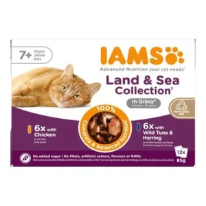 IAMS Advanced Nutrition Senior 7+ Land & Sea Collection en salsa Mix 1 (12 x 85 g, 2 variedades)