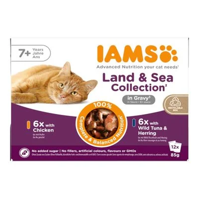 IAMS Advanced Nutrition Senior 7+ Land & Sea Collection en salsa Mix 1 (12 x 85 g, 2 variedades)