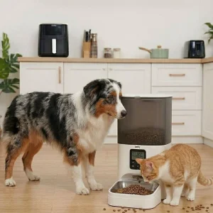 Leeby Comedero Automático Programable Blanco y Gris para perros y gatos