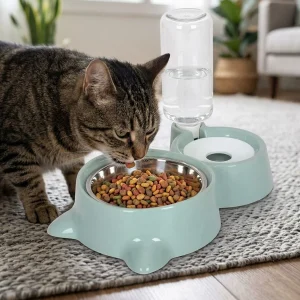 Leeby Comedero y Dispensador de Agua 2 en 1 Acero Inoxidable Verde para gatos