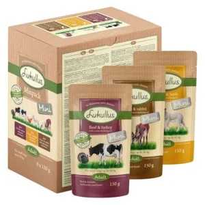 Lukullus Mini sin cereales 6 x 150 g Pack mixto (Vacuno y pavo, Caza y conejo, Ave y cordero)