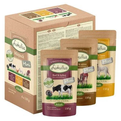 Lukullus Mini sin cereales 6 x 150 g Pack mixto (Vacuno y pavo, Caza y conejo, Ave y cordero)