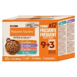 Nature's Variety Bites en salsa 12 x 85 g Mix (4 variedades: pollo salmón, pavo y atún)