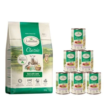 Pack alimentación mixta: pienso 10 kg + 6 x 400 g comida húmeda Lukullus Pienso pato criollo y cordero (10 kg) + latas corazón de pavo y ganso (6x400g)