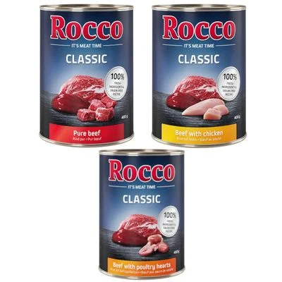 Pack de prueba mixto: Rocco Classic 6 x 400 g Mix de los más vendidos (vacuno, vacuno con corazones de ave, vacuno con pollo)