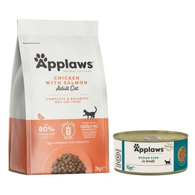 Pack nutrición mixta: pienso + latas Applaws 2 kg Adult con pollo y salmón + 6 x 70 g Pescado del mar