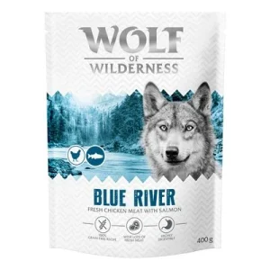 Pienso, comida húmeda y snacks Wolf of Wilderness - Oferta de prueba Blue River con salmón - 400 g (receta nueva)