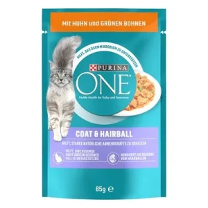 PURINA ONE 48 / 52 x 85 g para gatos - Pack Ahorro 52 x 85 g - Pelaje y bolas de pelo con pollo y judías verdes