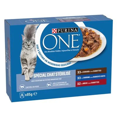 PURINA ONE Cat Sterilized 8 x 85 g - Pack mixto Pato, Vacuno, Sardina