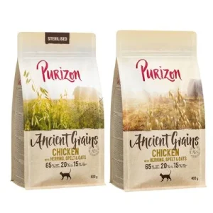 Purizon 2 x 400 g - Pack de prueba mixto Cereales ancestrales Mix: Adult Pollo con pescado + Sterilised Pollo con pescado