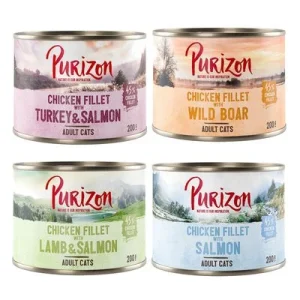 Purizon Adult 12 x 200 g comida húmeda para gatos, sin cereales - Pack ahorro Pack mixto: 2 salmón, 2 jabalí, 1 cordero y salmón, 1 pavo y salmón