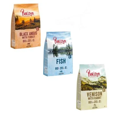 Purizon Adult sin cereales 3 x 1 kg - Pack de prueba mixto Black Angus con pavo, caza con conejo, pescado