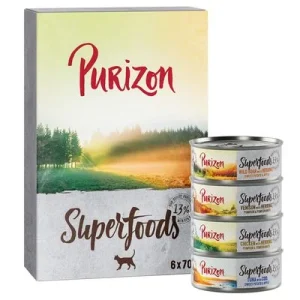 Purizon Superfoods 24 x 70 g comida húmeda para gatos - Pack Ahorro Pack mixto (8xPollo, 8xAtún 4xJabalí, 4xCaza)
