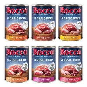 Rocco Classic Pork 24 x 400g - Pack Ahorro Pack mixto: Vacuno/cordero, Pollo/pavo, Pollo/ternera, Vacuno/Corazón, Pollo/salmón, Vacuno/pollo