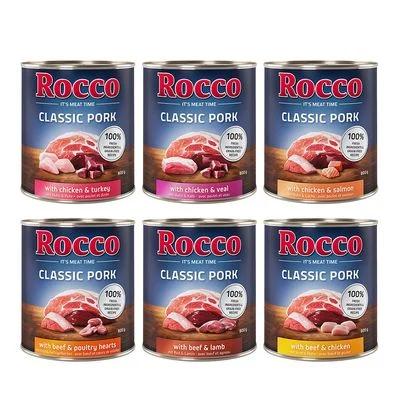 Rocco Classic Pork 6 x 800 g Pack mixto: Vacuno/cordero, Pollo/pavo, Pollo/ternera, Vacuno/Corazón, Pollo/salmón, Vacuno/pollo