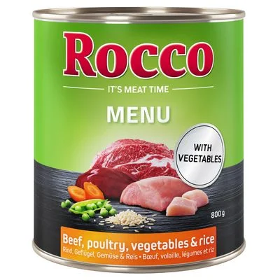 Rocco Menú 12 x 800 g - Pack Ahorro Vacuno con ave, verduras y arroz