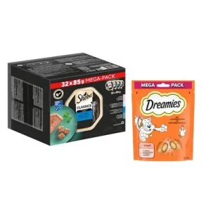 Sheba comida húmeda + 180 g snacks Catisfactions con pollo ¡gratis! Classic en paté con pescado (32 x 85 g)