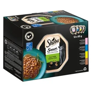 Sheba Multirreceta 144 x 85 g en tarrinas comida húmeda para gatos Sauce Lover (salmón, atún, pollo, pato)