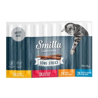 Smilla Long Sticks snacks para gatos 10 x 5 g Pack mixto 1 (Pollo y pato, Pavo y conejo, Salmón y trucha, Vacuno e hígado)
