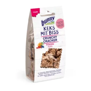 Snack crujiente con frutas para pequeños roedores, sin azúcares añadidos ni OGM, con inulina y textura crujiente ideal como alimento complementario.