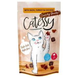 Snacks crujientes Catessy para gatos - 15 x 65 g - Pack Ahorro con pato, pavo y pollo